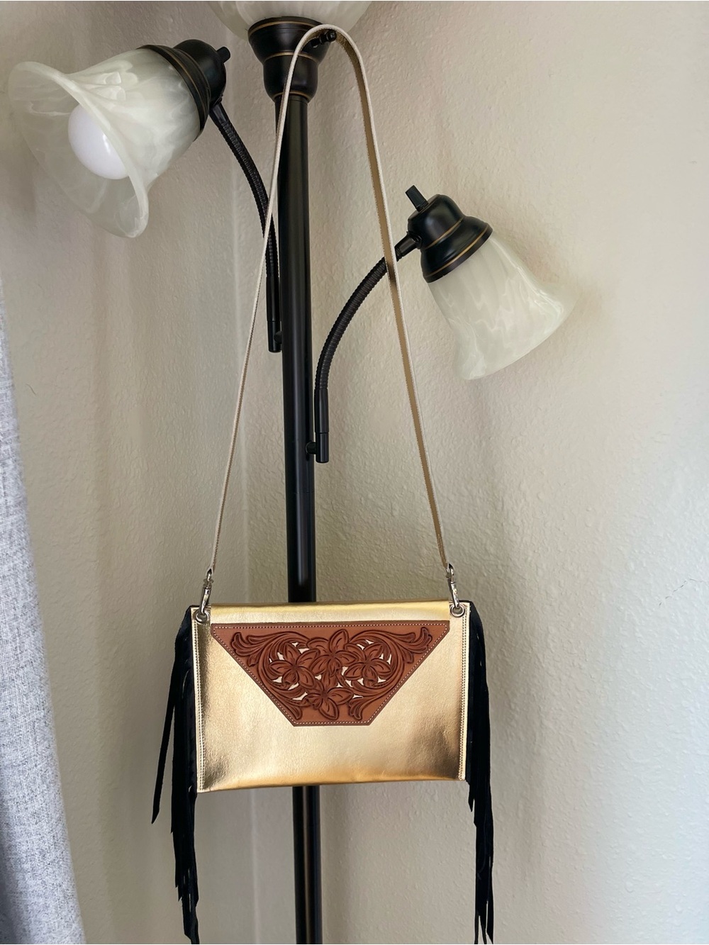 Handmade Gold Leather Crossbody Bag with Black Fringe and a Tooled Leather Flap